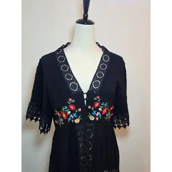 FOREVER 21 Black Floral Embroidered Long Duster SHORT SLEEVE LACE TRIM Size L - Picture 4 of 12